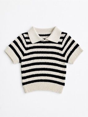Striped Polo Knit Top - Black & Cream short sleeve kids sweater size 4